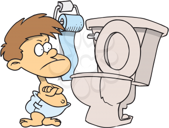 Royalty Free Clipart Image of a Stubborn Boy Beside a Toilet
