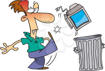 Royalty Free Clipart Image of a Man Kicking a Computer Into a Trash Can