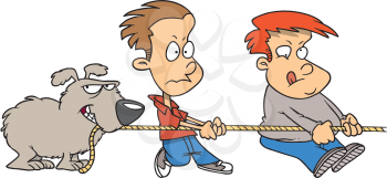 Royalty Free Clipart Image of a Dog and Two Boys in a Tug of War