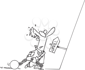Royalty Free Clipart Image of a Man Looking Uphill Dragging a Ball and Chain