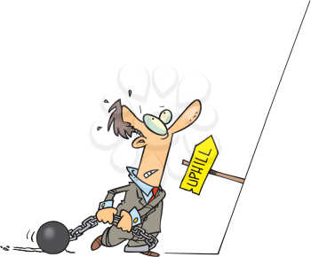 Royalty Free Clipart Image of a Man Looking Uphill Dragging a Ball and Chain