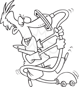 Royalty Free Clipart Image of a Man Struggling With a Vacuum Cleaner