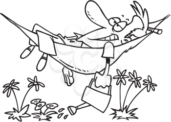 Royalty Free Clipart Image of a Man Watering His Flowers While Lying in a Hammock