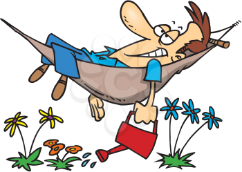 Royalty Free Clipart Image of a Man Watering His Plants While Lying in a Hammock