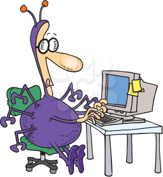 Royalty Free Clipart Image of a Man in a Spider Suit at a Computer