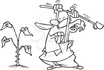 Royalty Free Clipart Image of a Man Whacking Weeds