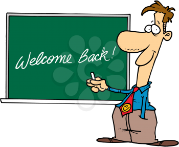 Royalty Free Clipart Image of a Teacher Writing Welcome Back on the Board