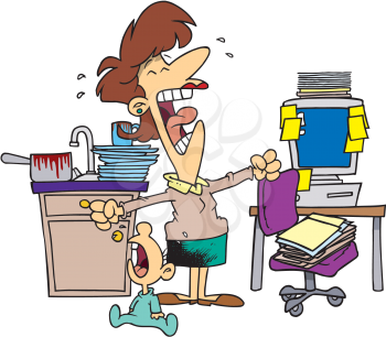 Royalty Free Clipart Image of a Frustrated Woman With a Crying Baby