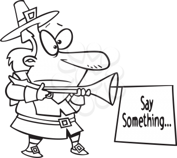 Royalty Free Clipart Image of a
Pilgrim Holding a Shotgun With a Sign Message