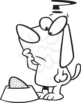 Royalty Free Clipart Image of a Dog Puzzled by an Easter Egg in Its Dish