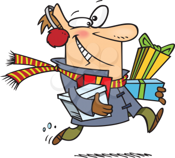 Royalty Free Clipart Image of a Man Running and Holding Presents