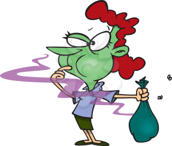Royalty Free Clipart Image of a Woman Holding a Stinky Garbage Bag
