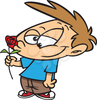 Royalty Free Clipart Image of a Little Boy Smelling a Rose