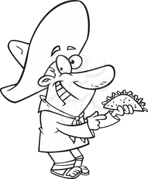 Royalty Free Clipart Image of a Mexican Man Eating a Taco