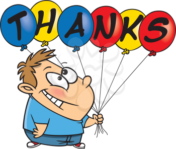 Royalty Free Clipart Image of a Boy With Thank You Balloons