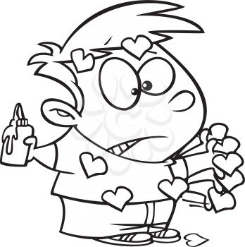 Royalty Free Clipart Image of a Boy With Hearts Glued to His Hands
