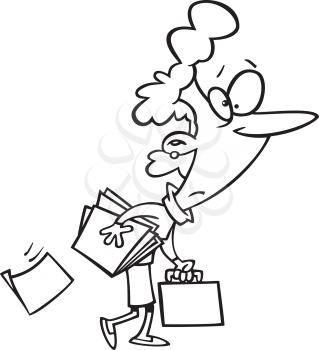 Royalty Free Clipart Image of a Woman With a Lot of Papers and a Briefcase