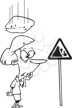 Royalty Free Clipart Image of a Woman Standing Under a Falling Rock