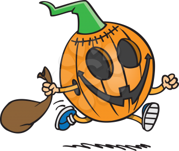 Royalty Free Clipart Image of a Running Jack-o-Lantern With a Treat Bag