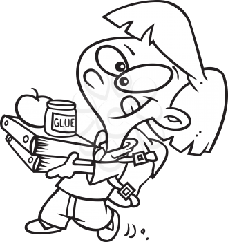 Royalty Free Clipart Image of a Happy Child With School Books an Apple and Glue