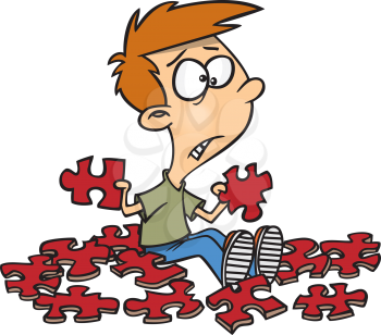 Royalty Free Clipart Image of a Boy Sitting With Red Puzzle Pieces