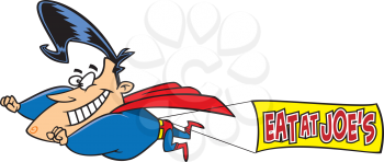 Royalty Free Clipart Image of a Superhero With an Eat at Joe's Sign