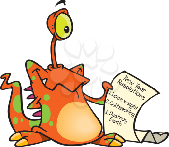 Royalty Free Clipart Image of an Alien With a List of Resolutions