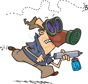 Royalty Free Clipart Image of a Guy Wearing a Mask Chasing a Bug With Chemicals