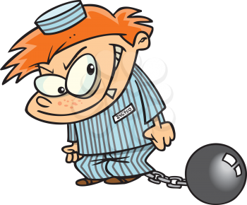 Royalty Free Clipart Image of a Little Boy in Prisoner's Clothes With a Ball and Chain
