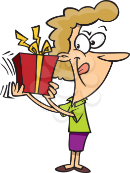 Royalty Free Clipart Image of a Woman Shaking a Present