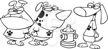 Royalty Free Clipart Image of Three Dogs Around a Hydrant