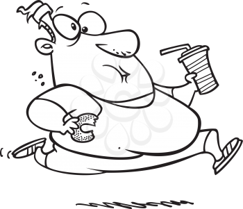 Royalty Free Clipart Image of an Overweight Man Running and Eating Junk Food