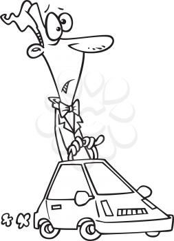 Royalty Free Clipart Image of a Guy in a Small Car