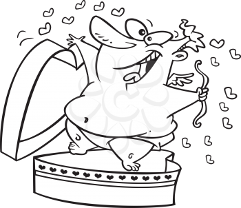 Royalty Free Clipart Image of a Chubby Cupid Popping Out of a Heart Shaped Box
