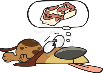 Royalty Free Clipart Image of a Dog Daydreaming of a Steak