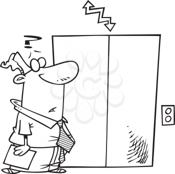 Royalty Free Clipart Image of a Man At an Elevator With a Confusing Arrow