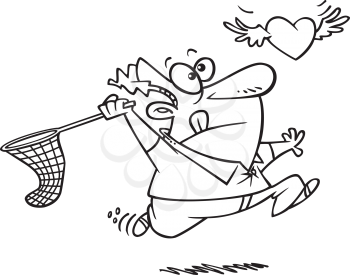 Royalty Free Clipart Image of a Guy Trying to Catch a Flying Heart With a Butterfly Net