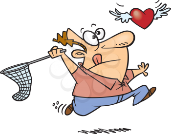 Royalty Free Clipart Image of a Guy Trying to Catch a Flying Heart With a Butterfly Net