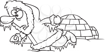 Royalty Free Clipart Image of a Frozen Man Outside an Igloo