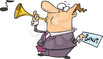 Royalty Free Clipart Image of a Man Showing His Bonus and Blowing a Horn