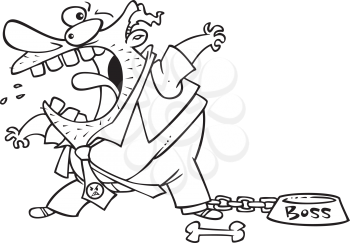 Royalty Free Clipart Image of a Man Chained to a Dog Bowl With the Word Boss on It