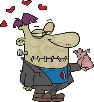 Royalty Free Clipart Image of Frankenstein Holding a Heart With Hearts Around His Head