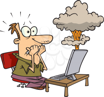 Royalty Free Clipart Image of a Guy Watching His Computer Have a Meltdown