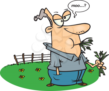 Royalty Free Clipart Image of a Guy in a Pasture Eating Straw and Saying Moo