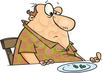 Royalty Free Clipart Image of a Chubby Guy Looking at Peas on His Plate