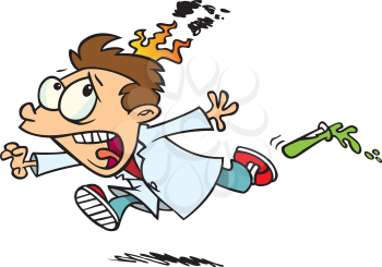 Royalty Free Clipart Image of a Kid in a Lab Coat With His Hair on Fire and a Test Tube Behind Him