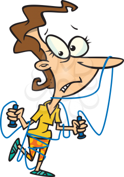 Royalty Free Clipart Image of a Woman Tangled in a Skipping Rope