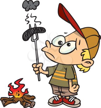 Royalty Free Clipart Image of a Boy Burning a Hot Dog Over a Campfire