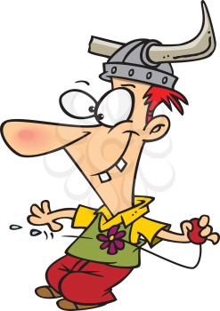 Royalty Free Clipart Image of a Guy in a Viking Helmet With a Squirting Flower