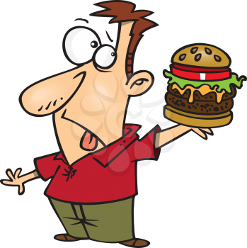 Royalty Free Clipart Image of a Man Looking Disgustedly at a Big Burger